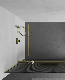 Sprchové dvere MEXEN/S - Kioto+ Sprchová zástena WALK-IN s poličkou a držiakom uterákov 70 x 200, prúžky 8 mm, zlatá 800-070-121-50-09