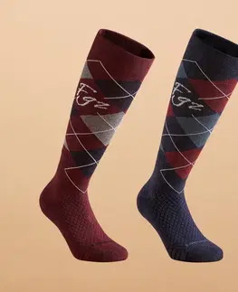 ponožky Jazdecké podkolienky 500 s grafickým motívom vínovo-čierne 2 páry