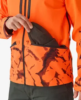bundy a vesty Softshellová poľovnícka bunda 500 odolná oranžová reflexná