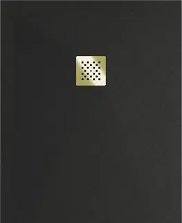 Vane MEXEN/S - Stone+ obdĺžniková sprchová vanička 100 x 80, čierna, mriežka zlatá 44708010-G