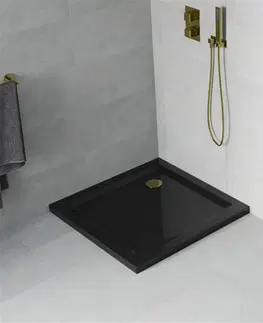 Vane MEXEN/S - Flat sprchová vanička štvorcová slim 90 x 90 cm, černá + zlatý sifón 40709090G