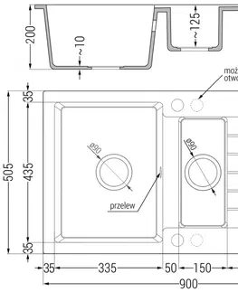 Kuchynské drezy MEXEN MEXEN - Matias žula drez 1,5-misa drez s vypúšťaním krátky Board 900x505 mm, sivá 6502901505-71