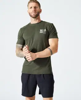 fitnes Pánske priedušné tričko na crossfit slim s okrúhlym výstrihom kaki