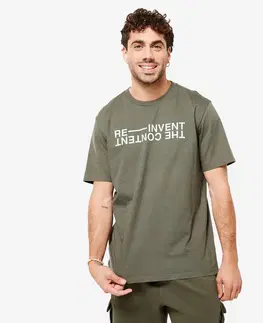 fitnes Pánske tričko na fitness 500 Essentials kaki s potlačou