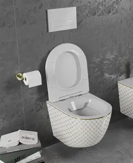 Záchody MEXEN - Lena Závesná WC misa vrátane sedátka s slow-slim, duroplast, biela/zlatý vzor 30224009