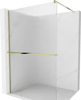 Sprchové dvere MEXEN/S - Kioto+ Sprchová zástena WALK-IN s poličkou a držiakom uterákov 120 x 200, prúžky 8 mm, zlatá 800-120-121-50-09