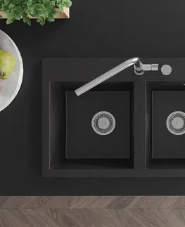 Kuchynské drezy MEXEN MEXEN - Hektor granitový drez 2-bowl 800 x 480 mm, čierna, sifón chróm 6521802000-77