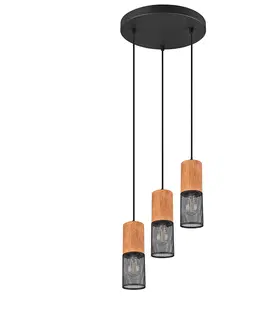 Zavesne lampy Priemyselné stropné svietidlo čierne s dreveným 3-svetlom - Manon