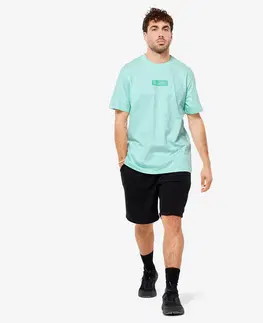fitnes Pánske tričko na fitness 500 Essentials pastelové mätové s potlačou
