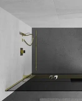 Sprchové dvere MEXEN/S - KIOTO Sprchová zástena WALK-IN s poličkou a držiakom uterákov 90 x 200, grafit 8 mm, zlatá 800-090-121-50-40