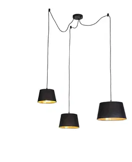 Zavesne lampy Závesná lampa s 3 bavlnenými odtieňmi čierna so zlatou - Cava