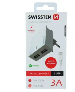 Nabíjačky pre mobilné telefóny Rýchlonabíjačka Swissten Smart IC 3.A s 2 USB konektormi + dátový kábel USB / Lightning 1,2 m, biela 22047000