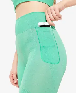 nohavice Dámske legíny s vysokým pásom na fitnes bezšvové zelené