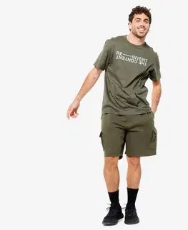 fitnes Pánske tričko na fitness 500 Essentials kaki s potlačou