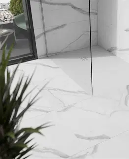 Vane MEXEN/S - Stone+ obdĺžniková sprchová vanička 90 x 70, biela, mriežka biela 44107090-W