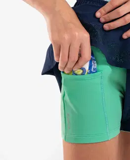 nordic walking Dievčenské bežecké šortky so všitými legínami Dry 900 priedušné modro-zelené