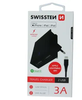 Nabíjačky pre mobilné telefóny Rýchlonabíjačka Swissten Smart IC 3.A s 2 USB konektormi + dátový kábel USB / Lightning MFi 1,2 m, čierna 22046000