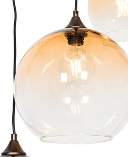 Zavesne lampy Závesné svietidlo bronz s jantárovým sklom okrúhle 7-svetlo - Sandra