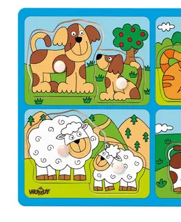 Hračky puzzle WOODY - Puzzle pre najmenších s úchytmi - domáce zvieratá s mláďatami