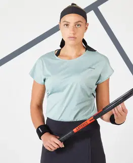 dresy Dámske tenisové tričko Dry Soft 500 s okrúhlym výstrihom sivozelené