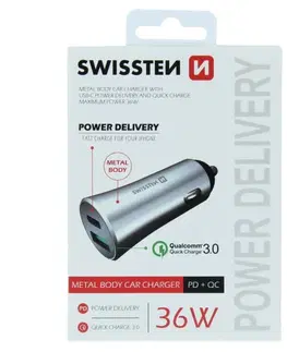 Nabíjačky pre mobilné telefóny Autonabíjačka Swissten s podporou Power Delivery USB-C + Qualcomm 3.0, 36W, matná strieborná 20111640