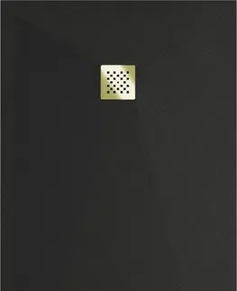 Vane MEXEN/S - Stone+ obdĺžniková sprchová vanička 180 x 80, čierna, mriežka zlatá 44708018-G