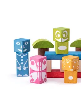 Drevené hračky WOODY - Kocky farebné s potlačou 26 ks - 3,3 cm