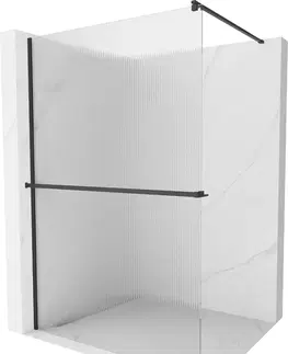 Sprchové dvere MEXEN/S - Kioto+ Sprchová zástena WALK-IN s poličkou a držiakom uterákov 80 x 200, prúžky 8 mm, čierna 800-080-121-70-09