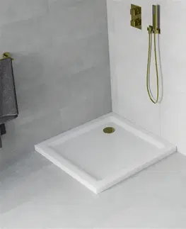 Vane MEXEN/S - Flat sprchová vanička štvorcová slim 100 x 100 cm, biela + zlatý sifón 40101010G