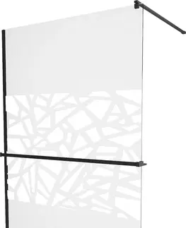 Sprchové dvere MEXEN/S - KIOTO Sprchová zástena WALK-IN s poličkou a držiakom uterákov 120 x 200, transparent/biely dekor 8 mm, čierna 800-120-121-70-85