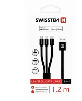 USB káble Dátový kábel Swissten textilný 3 v 1 a s podporou rýchlonabíjania, čierny 72501101