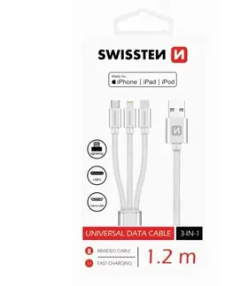 USB káble Dátový kábel Swissten textilný 3 v 1, 1,2 m, Lightning, 2 x USB-C, čierny 72501103