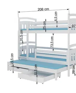 Postele NABBI Arkus drevená poschodová posteľ s prístelkou 90x200 cm biela