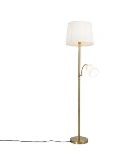 Stojace lampy Klasická stojanová lampa bronzová tkanina biela s lampou na čítanie - Retro