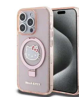 Puzdrá na mobilné telefóny Zadný kryt Hello Kitty IML Ringstand Glitter Kitty Head Logo MagSafe pre Apple iPhone 15 Pro Max, ružové 57983116928