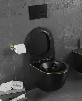 Záchody MEXEN - Lena Závesná WC misa vrátane sedátka s slow-slim, duroplast, čierna mat/zlatá linka 30224075
