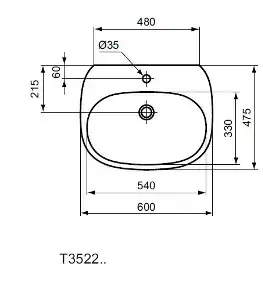 Kúpeľňa IDEAL STANDARD - Tesi Umývalo 600x475 mm, s prepadom, otvor na batériu, biela T352201