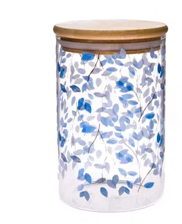 Misy a misky Sklenená dóza s bambusovým viečkom Modré kvety, 840 ml