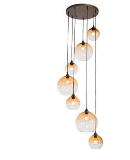 Zavesne lampy Závesné svietidlo bronz s jantárovým sklom okrúhle 7-svetlo - Sandra