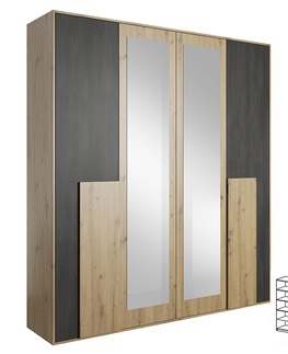 Šatníkové skrine KONDELA Bafra 4D štvordverová šatníková skriňa so zrkadlom dub artisan / čierna borovica nórska