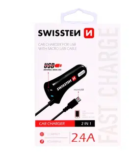 Nabíjačky pre mobilné telefóny Autonabíjačka Swissten 2.4A so zabudovaným Micro-USB káblom a USB konektorom 20111000