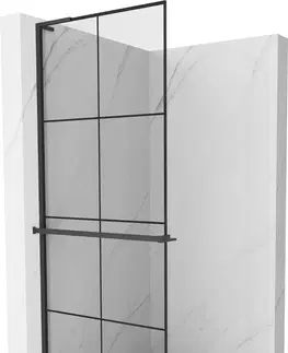 Sprchové dvere MEXEN/S - Kioto+ L Sprchová zástena WALK-IN s poličkou a držiakom uterákov 70 x 200 cm, čierny vzor, čierna 800-070-123-70-77