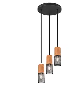 Zavesne lampy Priemyselné stropné svietidlo čierne s dreveným 3-svetlom - Manon