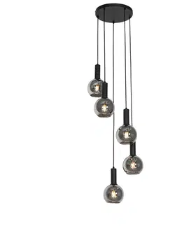 Zavesne lampy Art Deco závesné svietidlo čierne s dymovým sklom okrúhle 5-svetlové - Josje