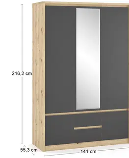 Šatníkové skrine NABBI Daicos W-3D2DRWS trojdverová šatníková skriňa so zrkadlom dub artisan / sivá