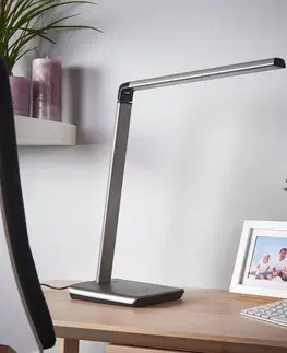 Stolové lampy na písací stôl Lindby Metalízová sivá stolná LED lampa Kuno stmievač USB