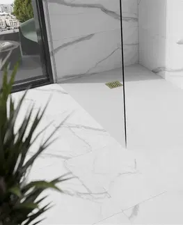 Vane MEXEN/S - Stone+ štvorcová sprchová vanička 160 x 100, biela, mriežka zlatá 44101016-G