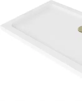 Vane MEXEN/S - Flat sprchová vanička obdĺžniková slim 130 x 70 cm, biela + zlatý sifón 40107013G