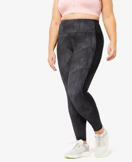 nohavice Dámske legíny s vreckom na fitness čierno-sivé s potlačou