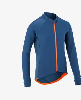 bundy a vesty Detská cyklistická bunda 500 modro-oranžová